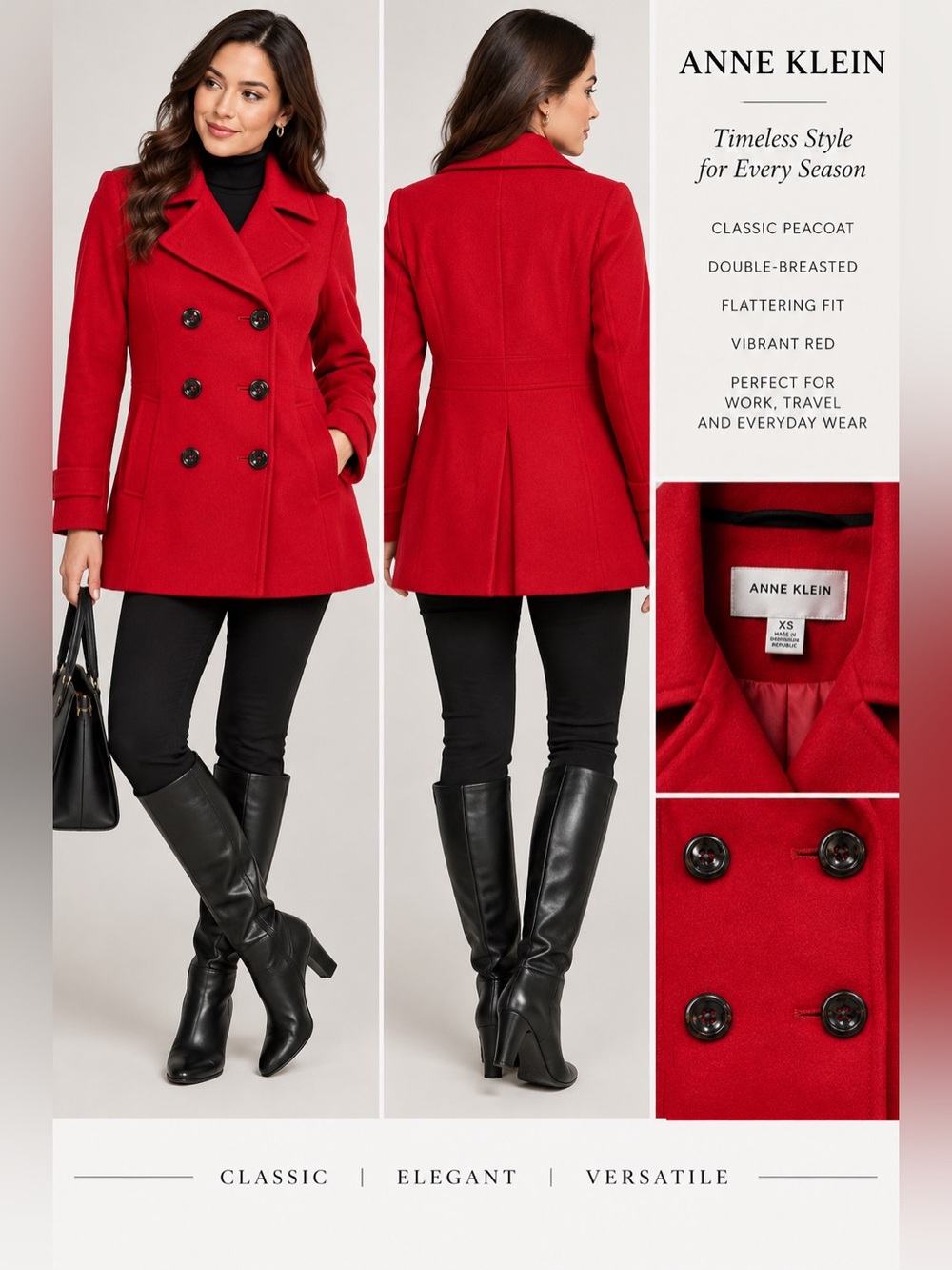 Anne Klein Red Double Breasted Peacoat Jacket XS Classic Wool Blend